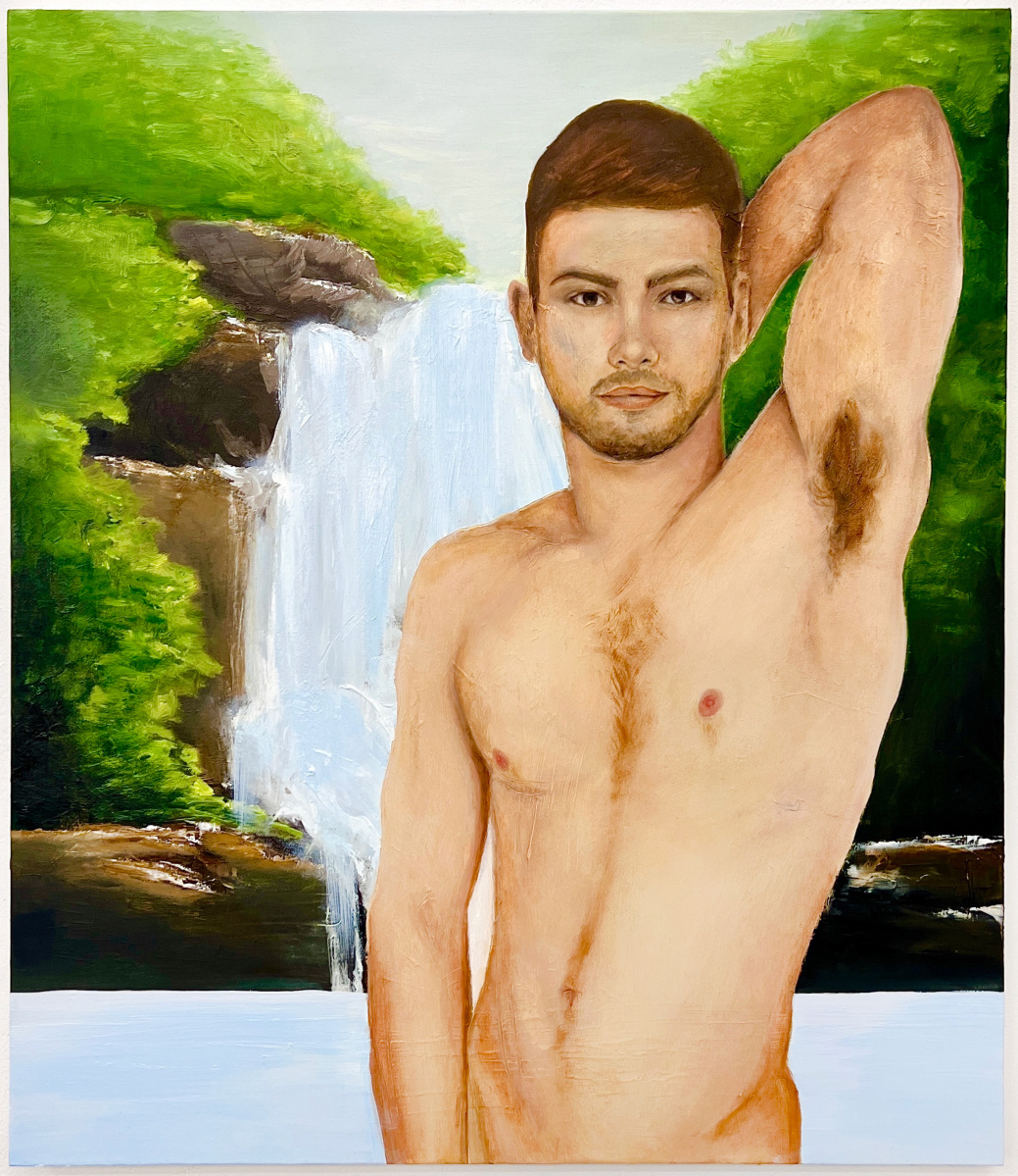 The image shows a painting of porn star Johnny Rapid, pictured from the waist up with his left arm raised and reaching behind his head exposing his armpit, in front of a waterfall.