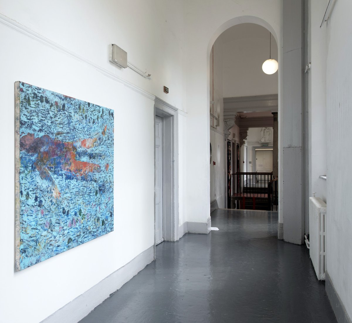 Blue painting on wall of the corridor of the 1st floor of the Slade building.