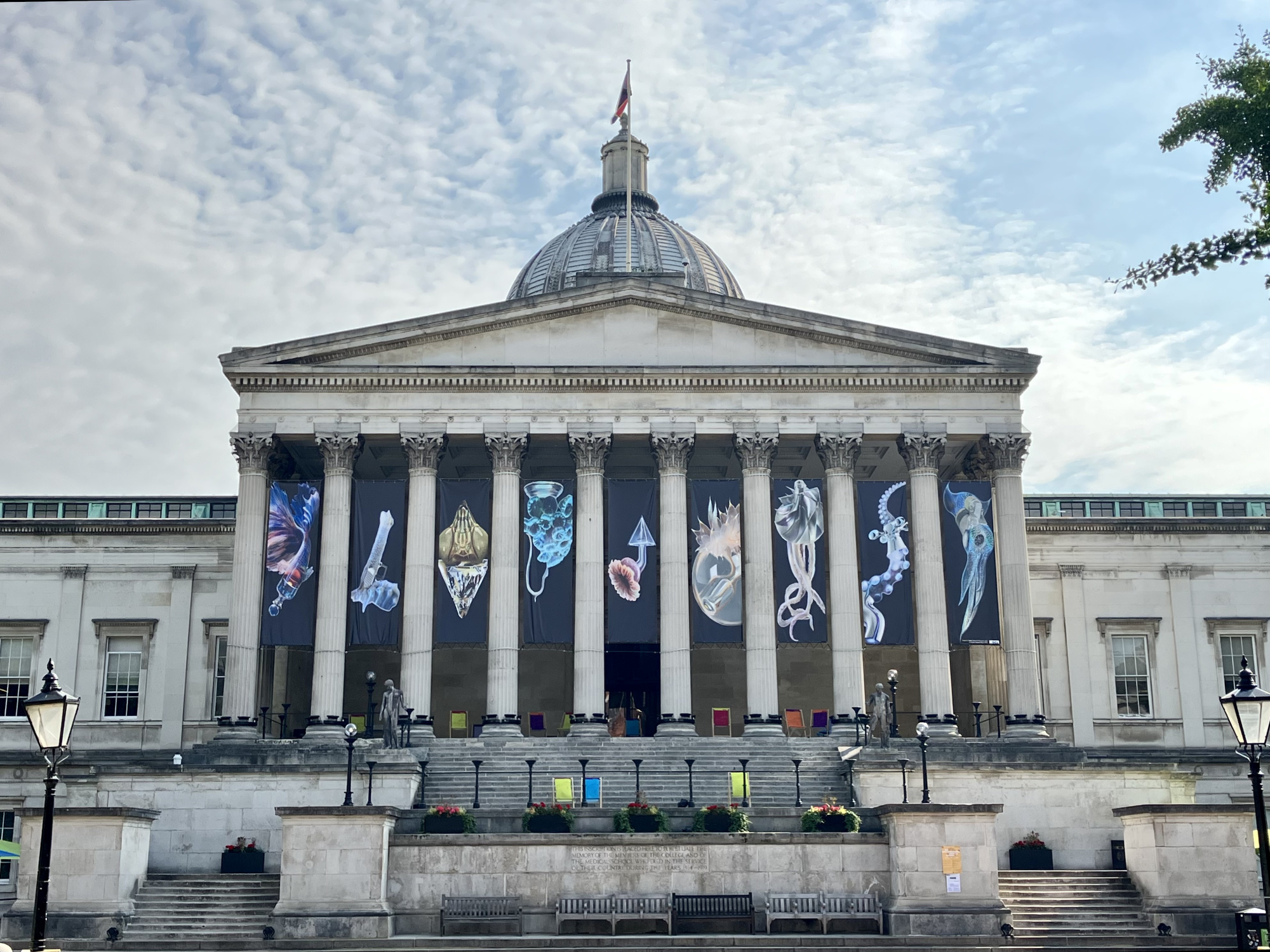 UCL Portico with banners depicting animal/aquatic life forms