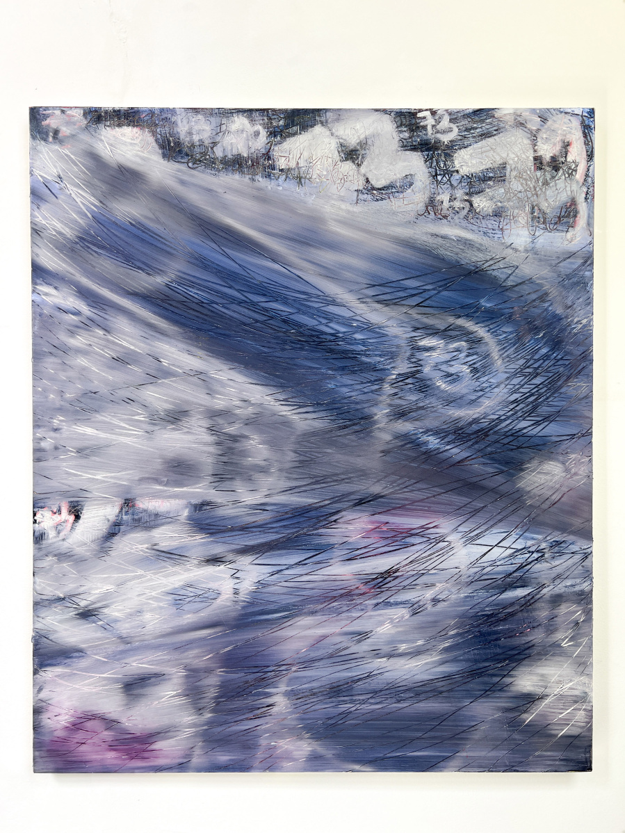 Blue and white abstract painting, with black strokes and small whisps of magenta.