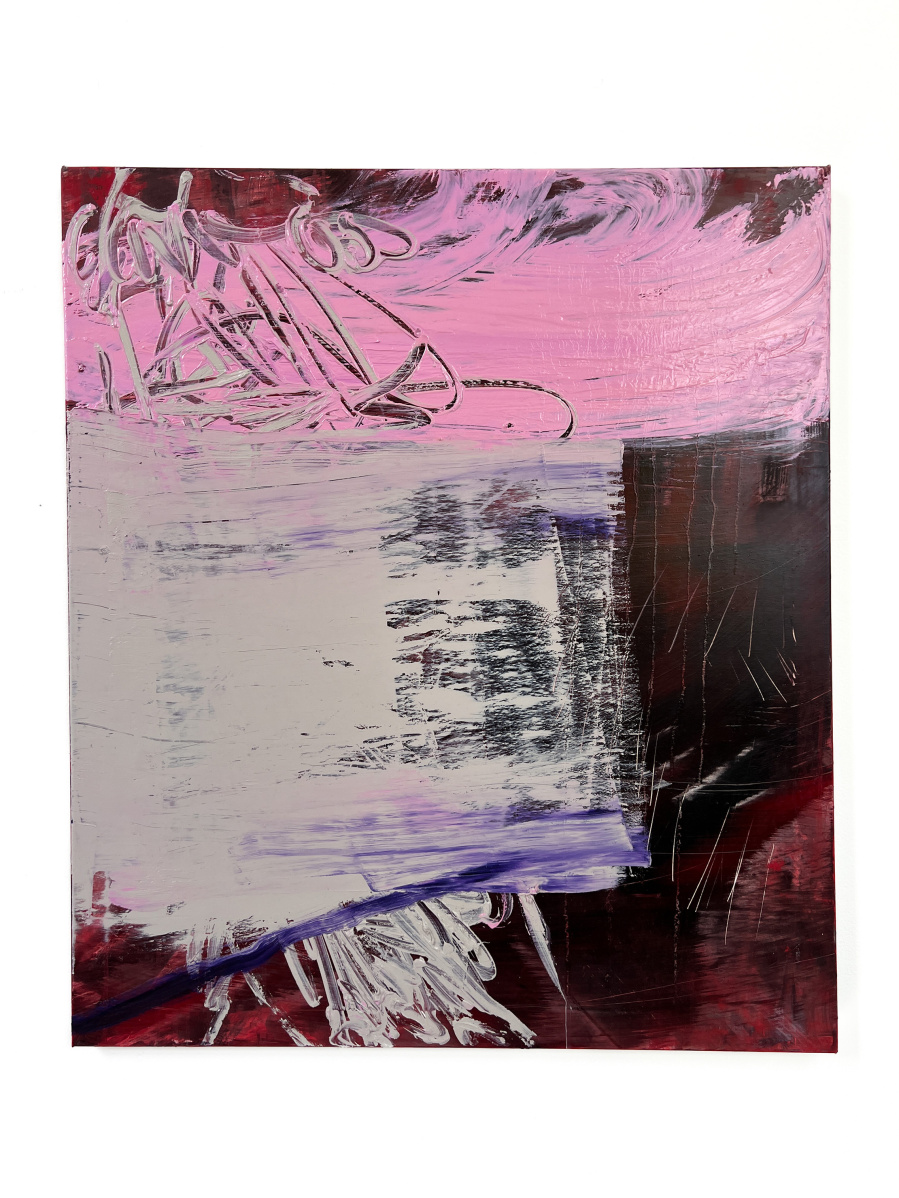 Graffiti like marks carved in warm grey over a black and red striped canvas with a baby pink brushed glossy area, smudged grey in the middle left with a purple line jabbing into the bottom left area.