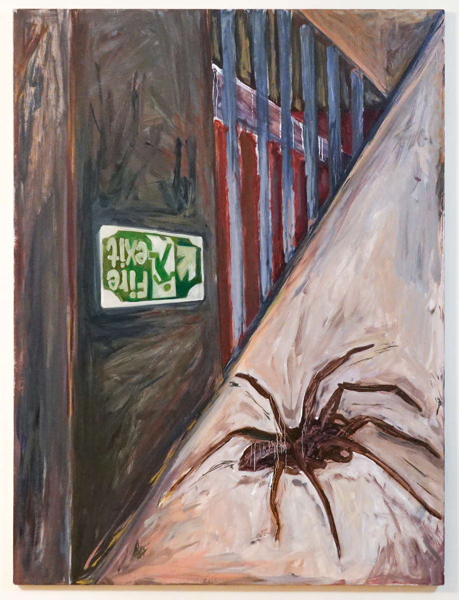 Painting of a scene where a spider settles on a triangular surface opposing an upside-down fire exit sign.