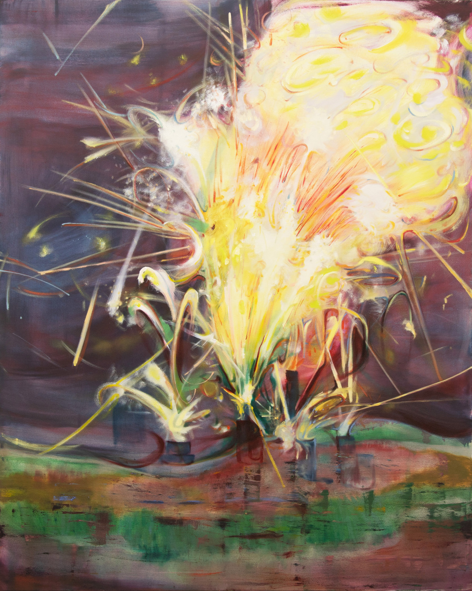 This piece depicts a number of firework tubes staggered on the ground, intermittently shooting out dazzling fireworks. The overall colour palette is purple, with some yellow firework clusters and falling fireworks forming some yellow lines. In this work, the viewer can feel the noise and tranquility, happiness and sadness. I hope that through this work, the viewer can experience the group relationship.