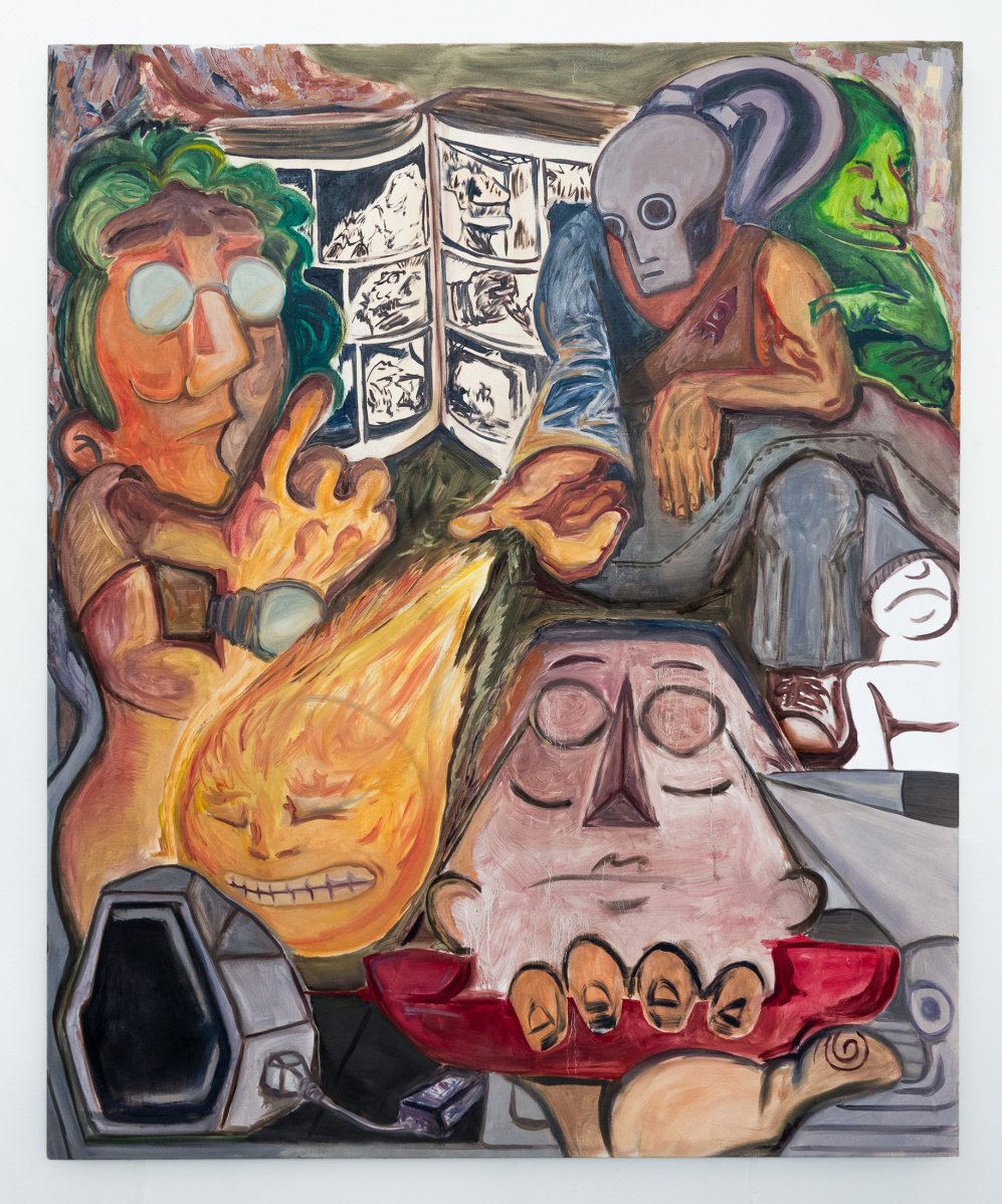 Painting of a chaotic scene with many alien characters where one flicks a fireball with a face towards the bottom left corner