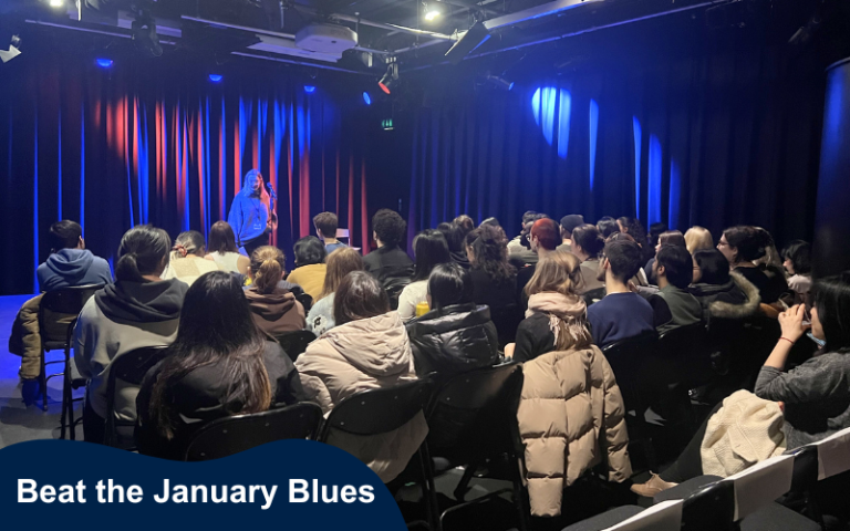 Performer and audience at a Comedy Night in the Bloomsbury Studio