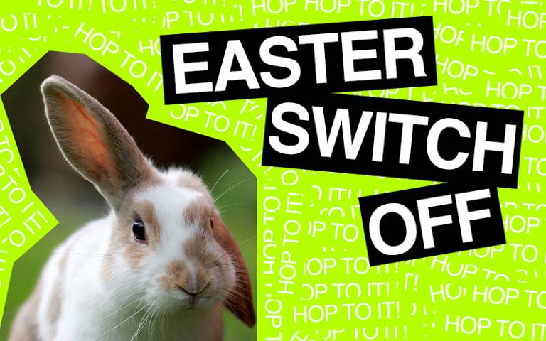 Bunny with stickers that read 'Hop to it' and 'Easter Switch Off'
