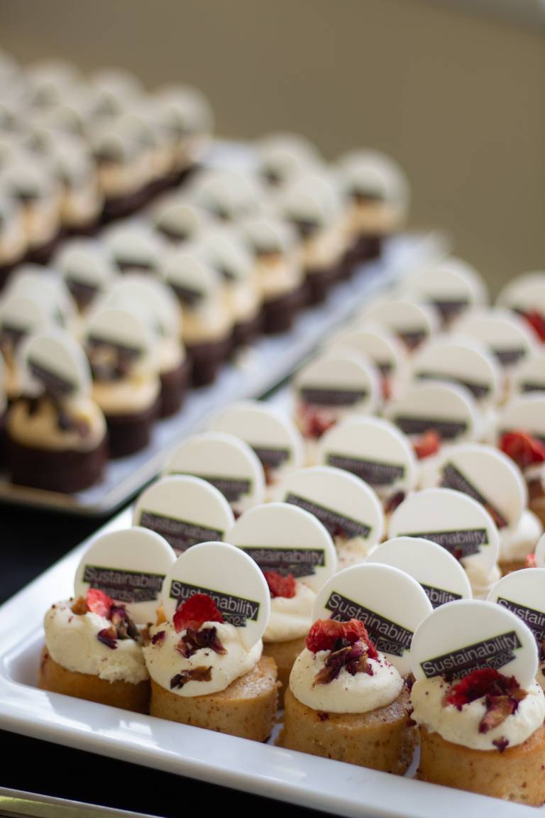 A close-up photograph of cupcakes designed with the Sustainability Awards 2024 logo