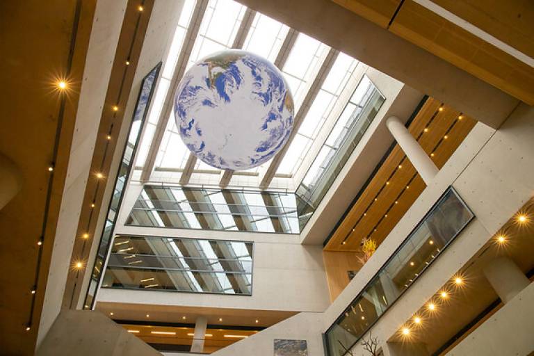 UCL east building with blue globe