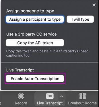 Zoom licence renewed automatic closed captions and transcriptions