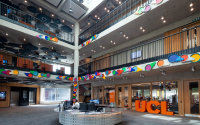 multicoloured ceramic pieces attached to the concrete of One Pool Street reception