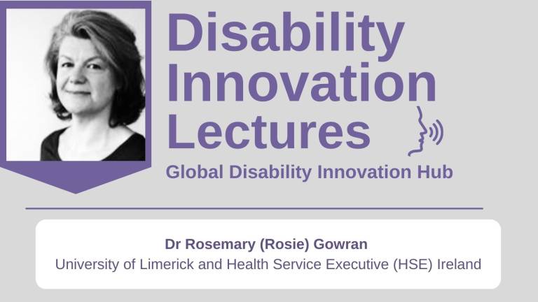 Black and white image of Rosie Gowran. Purple text on a white background reads Disability Innovation Lectures