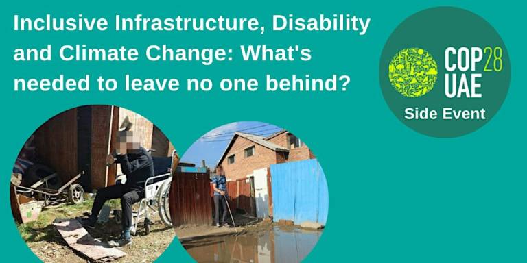Decorative. COP28 logo with the words Inclusive Infrastructure, Disability & Climate Change: leave no one behind