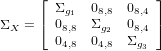       ⌊               ⌋
        Σg1  08,8  08,4
ΣX  = ⌈ 08,8  Σg2  08,4 ⌉
        04,8  04,8  Σg3
